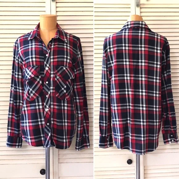 Zara Womens Plaid Shirt Medium Red Navy Long Sleeve Casual Collared Snap Button - Picture 7 of 9